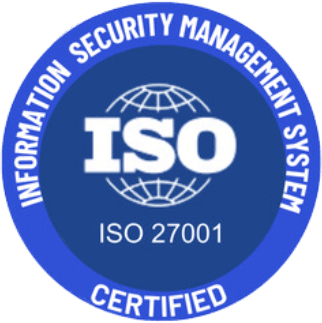 A circular logo of ISO 27001 certification, with the text "INFORMATION SECURITY MANAGEMENT SYSTEM CERTIFIED" written around its edges.