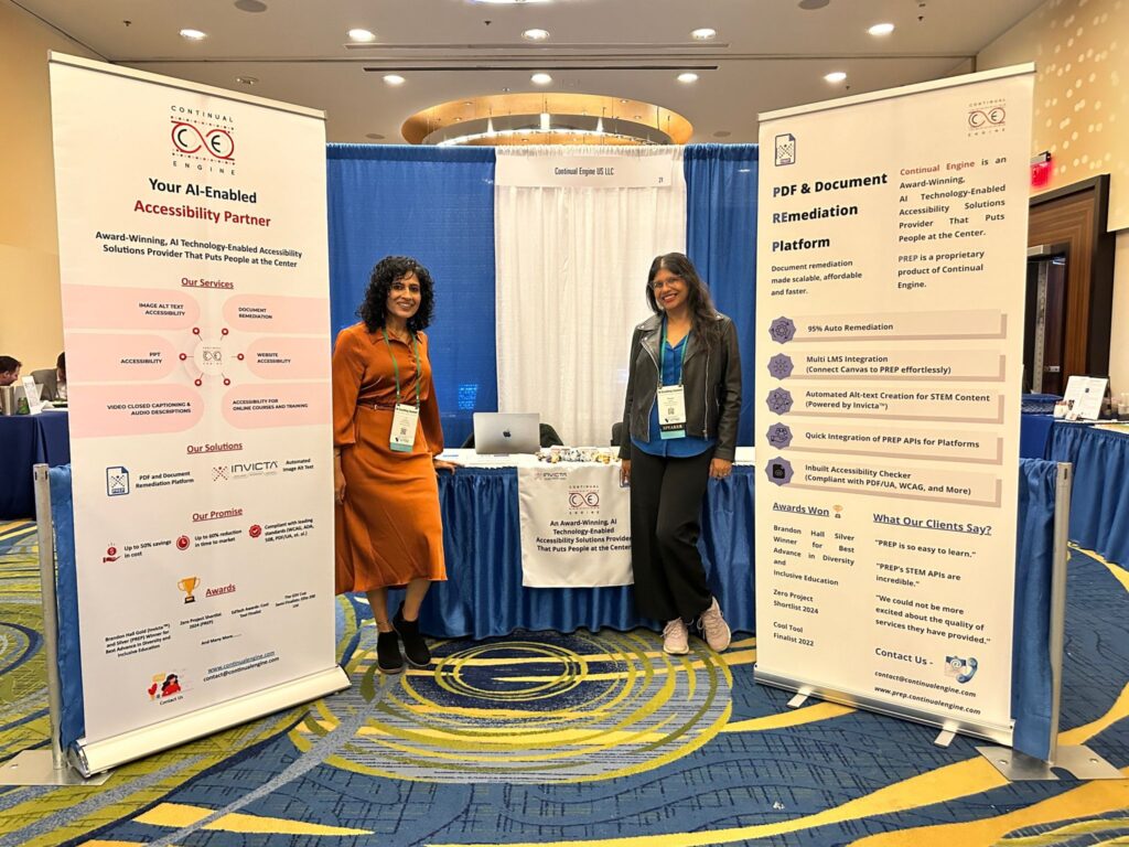 Photograph of Mousumi Kapoor and Vijayshree (VJ) Vethantham as exhibitors at their booth at the M-Enabling Summit Event