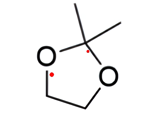 A horizontal 5-membered ring has 3 C & 2 O (at top left and rightmost vertices). C 1 (topmost vertex) is bound to 2 C H 3 groups in the form of lines.