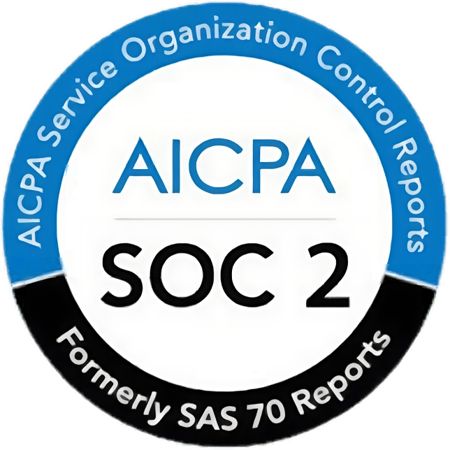 A circular logo of AICPA SOC 2, with the text "AICPA Service Organization Control Reports" and "Formerly SAS 70 Reports" written around its edges.