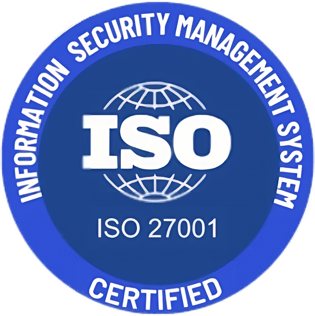 A circular logo of ISO 27001 certification, with the text "INFORMATION SECURITY MANAGEMENT SYSTEM CERTIFIED" written around its edges.